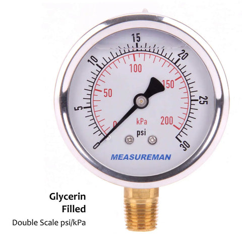 Glycerin Filled Two And A Half Inch Pressure Gauge Dual Scale 0 To 30 Psi And KPa 304 Stainless Steel Case One Quarter Inch NPT Lower Mount