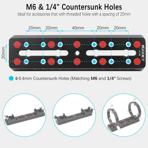 Vixen Style Dovetail Mounting Plate With 160mm Telescope Rail Bar showing M6 and 1/4 inch countersunk holes