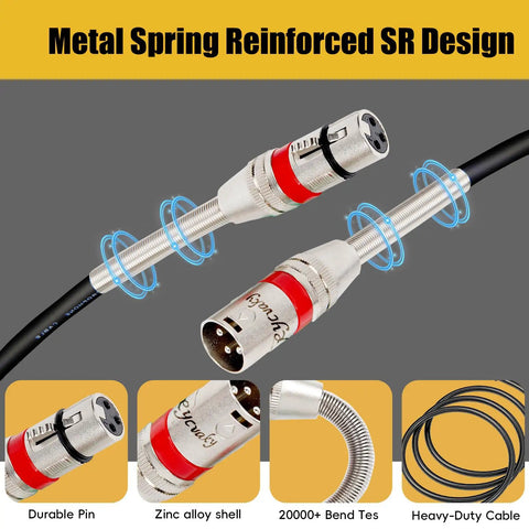 Close-up of XLR To XLR Cables 1 Foot 6 Pack with 3 Pin Balanced Shielded Microphone Cords showcasing metal spring reinforced design