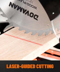 Close-up of DOVMAN 12-inch dual-bevel miter saw blade cutting wood with laser guide