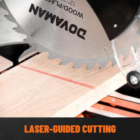 Close-up of DOVMAN 12-inch dual-bevel miter saw blade cutting wood with laser guide