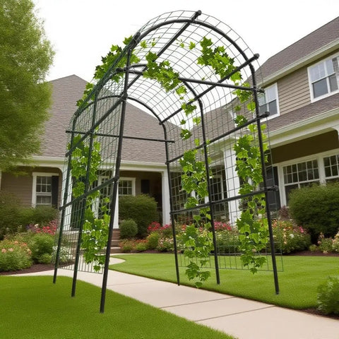 7.5 Foot Extra Tall Garden Arch Trellis With Polyethylene Coated Stainless Steel Frame For Outdoor Plant Support in a garden
