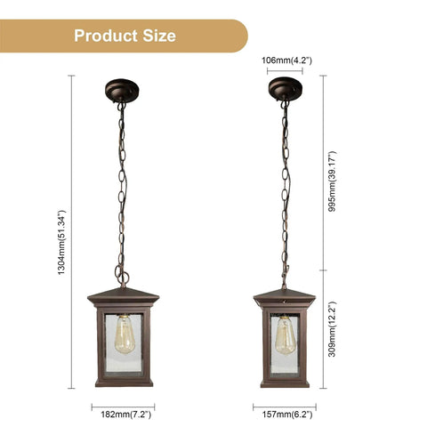 Outdoor Hanging Lantern Pendant Light With Clear Seeded Glass In Oil Rubbed Bronze Finish shown in two sizes with dimensions