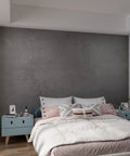 Bedroom with charcoal concrete wallpaper peel and stick 3D thick faux cement contact paper vinyl wrap, waterproof, removable.