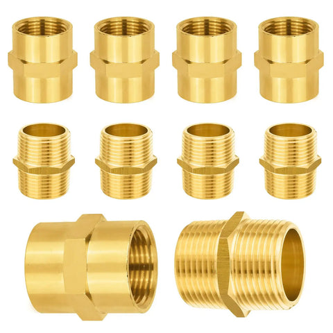 10 Pack Brass Pipe Fittings 1 Inch Male Adapter and 1 Inch Female Adapter NPT Hex Nipples for Plumbing
