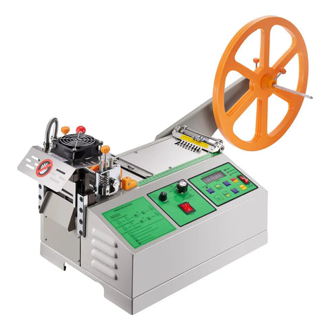 Pro Grade Automatic Webbing Cutting Machine With Adjustable Temperature And LCD Display, featuring orange reel and control panel