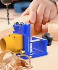 Heavy Duty Pocket Hole Jig Kit With Integrated Dust Catcher Quick Lock Handles and Dead Accurate Alignment in use for woodworking.