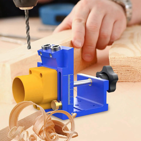 Heavy Duty Pocket Hole Jig Kit With Integrated Dust Catcher Quick Lock Handles and Dead Accurate Alignment in use for woodworking.