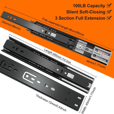 14 Inch Heavy Duty Drawer Slides 6 Pairs Soft Close Full Extension Side Mount Cabinet Rails Black Self Closing Glides For Kitchen Dresser Hardware with specifications.