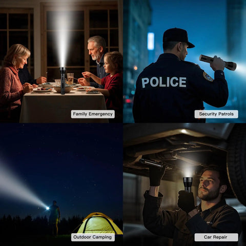 Heavy Duty Aluminum 2D Cell Big Flashlight With High Lumens shown in family emergency, police patrol, camping, and car repair scenes