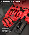 Dayuan 13-piece motorcycle chain tool set in a red case with black handles; includes chain breaker and riveter.