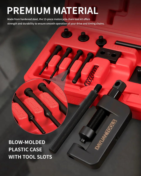 Dayuan 13-piece motorcycle chain tool set in a red case with black handles; includes chain breaker and riveter.