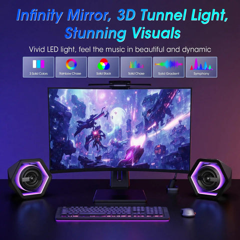 Powerful 50W Gaming Desktop Speakers With Infinity Mirror 3D Tunnel RGB Lighting setup with monitor and keyboard