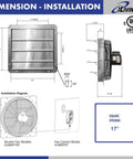 Diagram showing dimensions and installation of Beefy 16 Inch Wall Mounted Shutter Exhaust Fan with Auto Shutter Thermostat