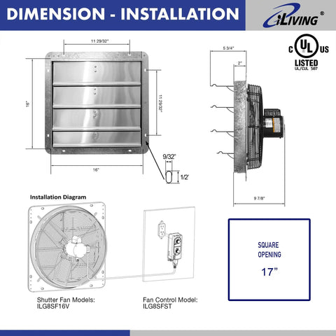 Diagram showing dimensions and installation of Beefy 16 Inch Wall Mounted Shutter Exhaust Fan with Auto Shutter Thermostat