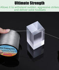 Clear Nylon Fishing Line For Hanging Decor And Crafts 0.8mm Thick Heavy Duty Picture Frame Wire With 70 Pound Strength 656 Feet And 100 Crimp Sleeves Perfect For Balloon Garlands And Photo Displays showcasing strength between hands and block.