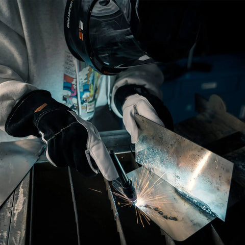 Person welding metal with Goatskin TIG Welding Gloves With High Dexterity Premium Top Grain Leather Heat Resistant And Durable Kevlar Reinforced Stitching True Fit Large Heavy Duty Work Gloves For Welding
