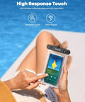 Person using IPX8 Waterproof Phone Pouch Case 2 Pack For Beach And Travel Grab And Go Dry Bag with phone near poolside