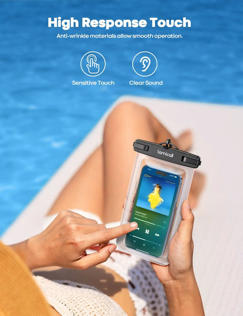 Person using IPX8 Waterproof Phone Pouch Case 2 Pack For Beach And Travel Grab And Go Dry Bag with phone near poolside
