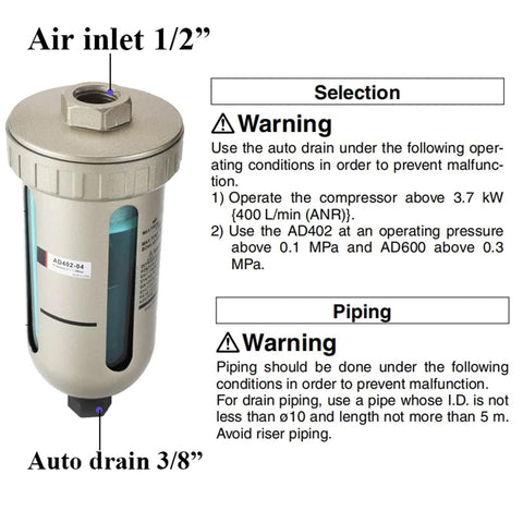 Go To Auto Drain Valve For Air Compressors And Pneumatic Systems AD402 Series Automatic Drainer with inlet and drain labels