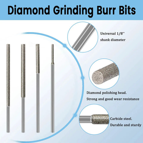 Diamond Burr Set For Carving And Engraving, Pro Grade 8 Piece Long Shank Diamond Grinding Bits For Dremel Rotary Tools diagram