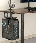 Top Tier Under Desk PC Mount, Adjustable Computer Tower Stand for Full Size Gaming Rigs, Steel CPU bracket holding a gaming rig.