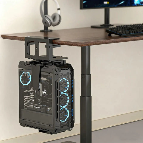 Top Tier Under Desk PC Mount, Adjustable Computer Tower Stand for Full Size Gaming Rigs, Steel CPU bracket holding a gaming rig.