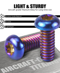 Badass Slick Blue Titanium Alloy Derby Cover Screws For Harley Road Glide FLTRX And Heritage Softail Classic FLSTC 5 Piece Heavy Duty Corrosion Resistant Motorcycle Fastener Kit close-up showing aircraft-grade material and design.