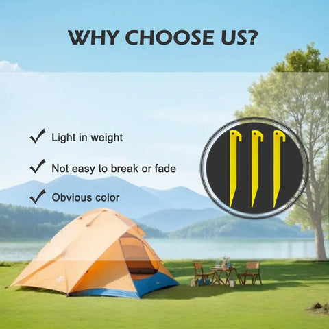 Why choose 24 Pack 9 Inch Yellow Plastic Tent Pegs Stakes for camping; tent shown with stakes illustration, benefits listed