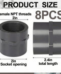 Side view of 8 Pack 2 Inch PVC Pipe Fittings Female Adapters Schedule 80 showing socket and NPT threads with measurements