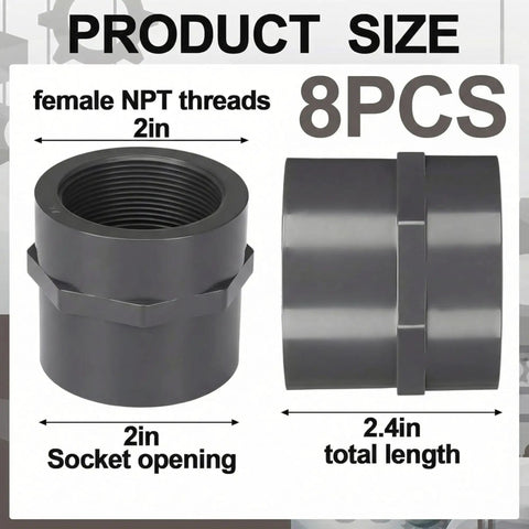 Side view of 8 Pack 2 Inch PVC Pipe Fittings Female Adapters Schedule 80 showing socket and NPT threads with measurements