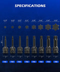 Specifications of Torx Bit Socket Set One Half Inch Drive Eight Piece Cr-Mo Steel Impact Sockets T30 Through T80.