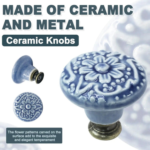 Light Blue Ceramic Kitchen Cabinet Knobs Set Of 12, 34mm Diameter Round Pull Handles, 1.3 Inches Wide And 1.2 Inches High, Includes Screws And Mini Screwdriver For Easy Installation, Classic Vintage Look For Cabinets And Drawers floral embossed knob