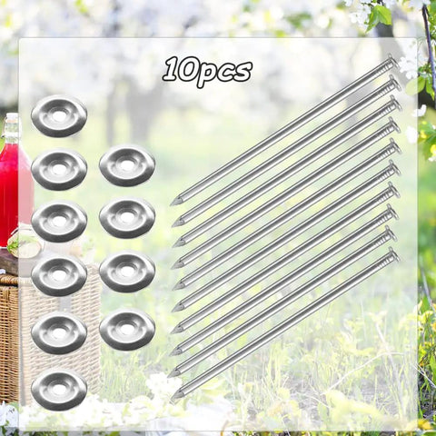 Tough As Nails 6 Inch Stainless Steel Patio Rug Stakes Set for Outdoor Use, 10 stakes with washers on grass background