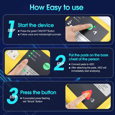 Front view of a home portable AED defibrillator with yellow case and green ON/OFF button on an instruction panel.