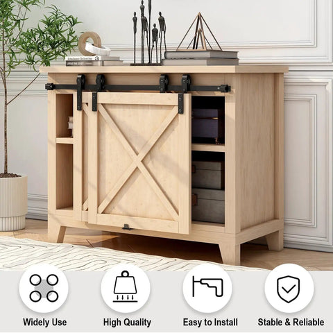 6 Ft Mini Bypass Barn Door Hardware Kit With Easy Install For Two Doors, installed on a light wood cabinet in a living room setting