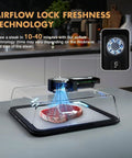Quick Thaw Electric Defrost Tray For Steaks Chicken Fish And Shrimp Featuring Smart Timer showing steak with airflow lock technology.