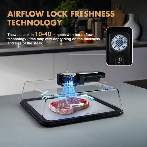 Quick Thaw Electric Defrost Tray For Steaks Chicken Fish And Shrimp Featuring Smart Timer showing steak with airflow lock technology.