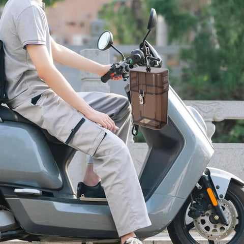Heavy Duty Outdoor EV Charger Socket Case Weatherproof Plug Protector Built Tough mounted on an electric cycle with a person.