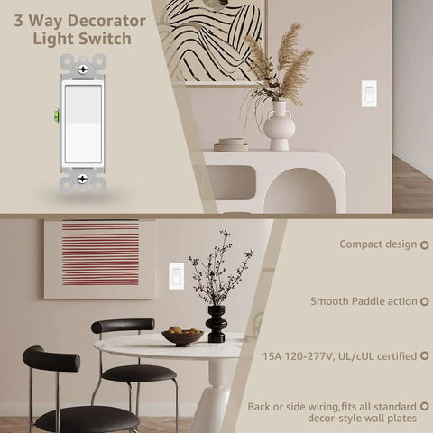 Three Way White Light Switch 4 Pack 15A 120 To 277V Rocker Switches For Single Pole Or Three Way Lighting Home And Office Grade UL And CUL Certified Durable Gloss Finish Easy Install, white rocker switch shown in modern room