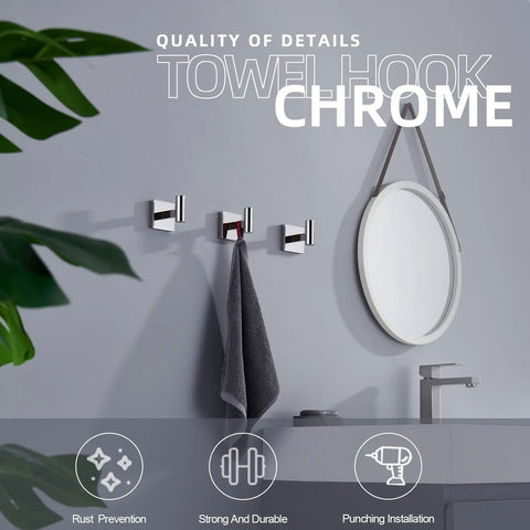 Tough As Nails Chrome Stainless Steel Robe Hooks Set 3 Pack displayed on bathroom wall with towel, mirror visible