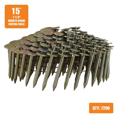 Hella Tough 15 Degree Wire Collated Galvanized Coil Roofing Nails For Asphalt Shingles Siding And Wall Sheathing In Heavy Duty Bulk Box With Seven Thousand Two Hundred Fasteners stacked in a pile.