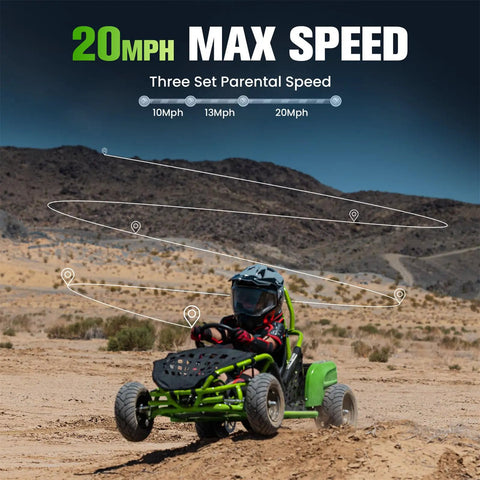 Child riding Hardcore Electric Go Kart With 1000W Brushless Motor, 48V Battery, Steel Tubular Frame in desert landscape