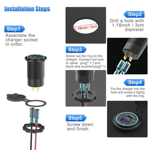 Installation steps for Heavy Duty 12V USB C Outlet Pushes Out Slick 65W PD3.0 And 18W Quick Charge 3.0 waterproof car socket.