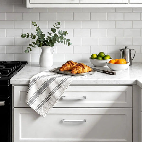 Brushed Stainless Steel Cabinet Pulls 5 Inch Hole Center on kitchen drawer with croissants and white subway tile backsplash