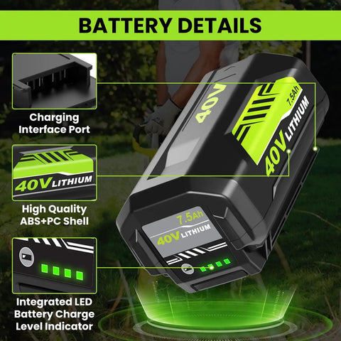 Close-up of Two Pack 7.5Ah Replacement Battery for Ryobi 40V Tools showing interface port and LED indicator