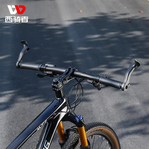 Mountain bike with Dope Nylon MTB Inner Bar Ends For Mountain Bikes With Cap Pack And Wrench, Ergonomic Handlebar Ends attached.
