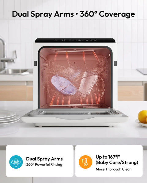 Hassle Free Portable Countertop Dishwasher With Six Smart Wash Cycles And Ultra Quiet Forty Decibel Operation For Smooth Apartment Living Without The Plumbing Headache showcasing dual spray arms and 360° coverage.