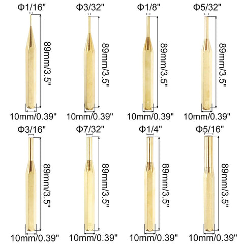Brass Pro Grade Punch Set Eight Pieces With One Sixteenth To Five Sixteenths Inch Drive Pin Punches displayed vertically