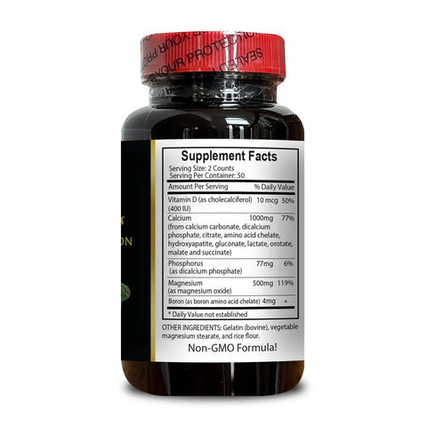Back view of Calcium Magnesium Complex With Vitamin D And Boron For Strong Bones, Nerves, And Muscles, Immune Support, 100 Capsules